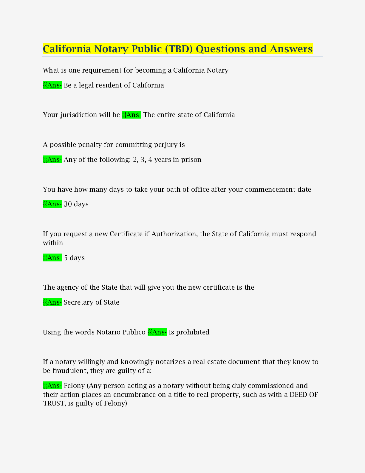 Preview of California Notary Public (TBD) Questions and Answers